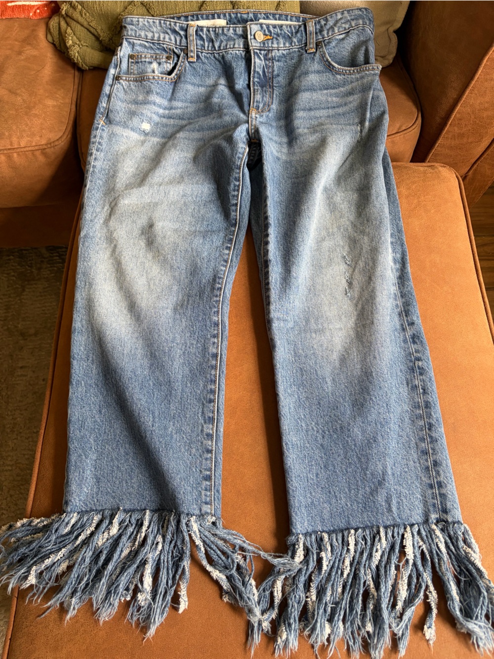 Pilcro and the Letterpress Light Blue Straight Leg Jeans Fringed Hem Size 30
